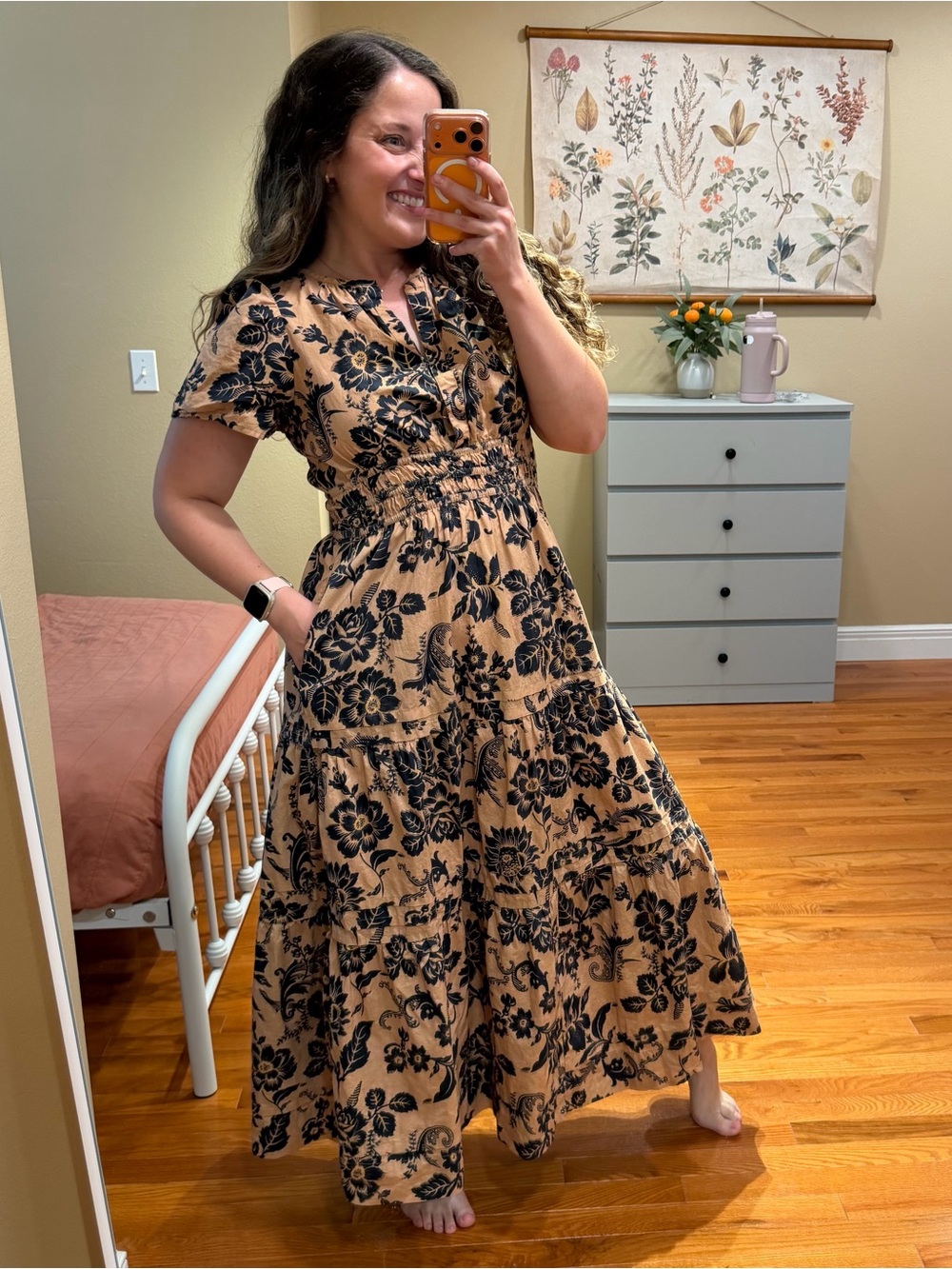 Anthropologie Somerset Tan Floral Tiered Maxi Dress with Smocked Waist Small - Picture 4 of 12